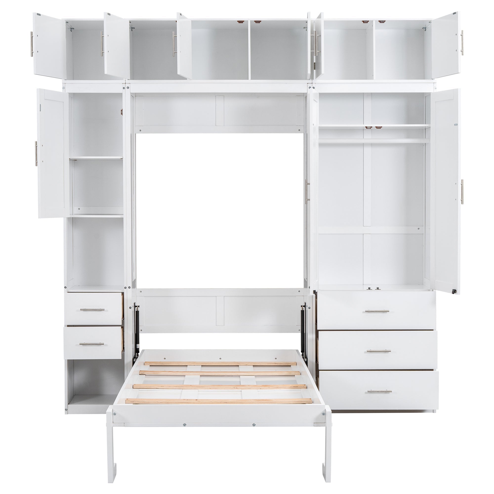 White Twin Size Murphy Bed with Lockers and Wardrobes, MDF+Pine, 93.2''L x 15.7''W x 99''H