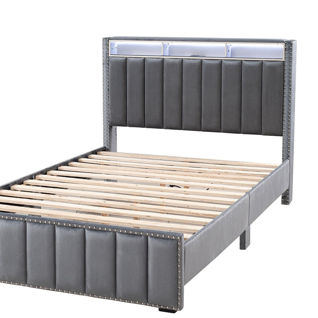 Contemporary 3pc Bedroom Set Full Size Bed 2x Nightstands Bedroom Furniture Dark Gray Fabric Upholstered Bedframe w LED Nailhead Trim
