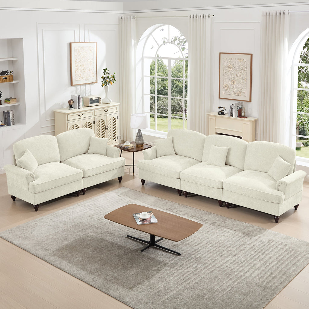 Classic 2 Piece Modular Couch Living Room Sofa Set with Flared Arms and Removable Ruffles Pleats Skirts and Spindle Legs, 3 Seater Sofa + 2-Seat Loveseat Sofa Sets for Living Room, Beige White