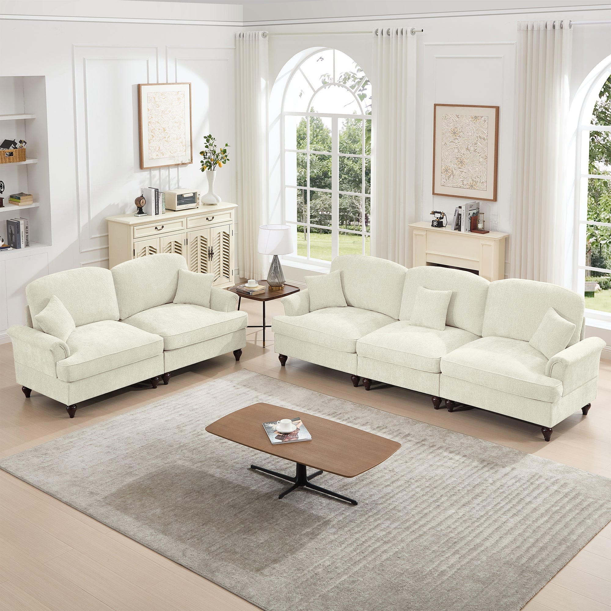 Classic 2 Piece Modular Couch Living Room Sofa Set with Flared Arms and Removable Ruffles Pleats Skirts and Spindle Legs, 3 Seater Sofa + 2-Seat Loveseat Sofa Sets for Living Room, Beige White