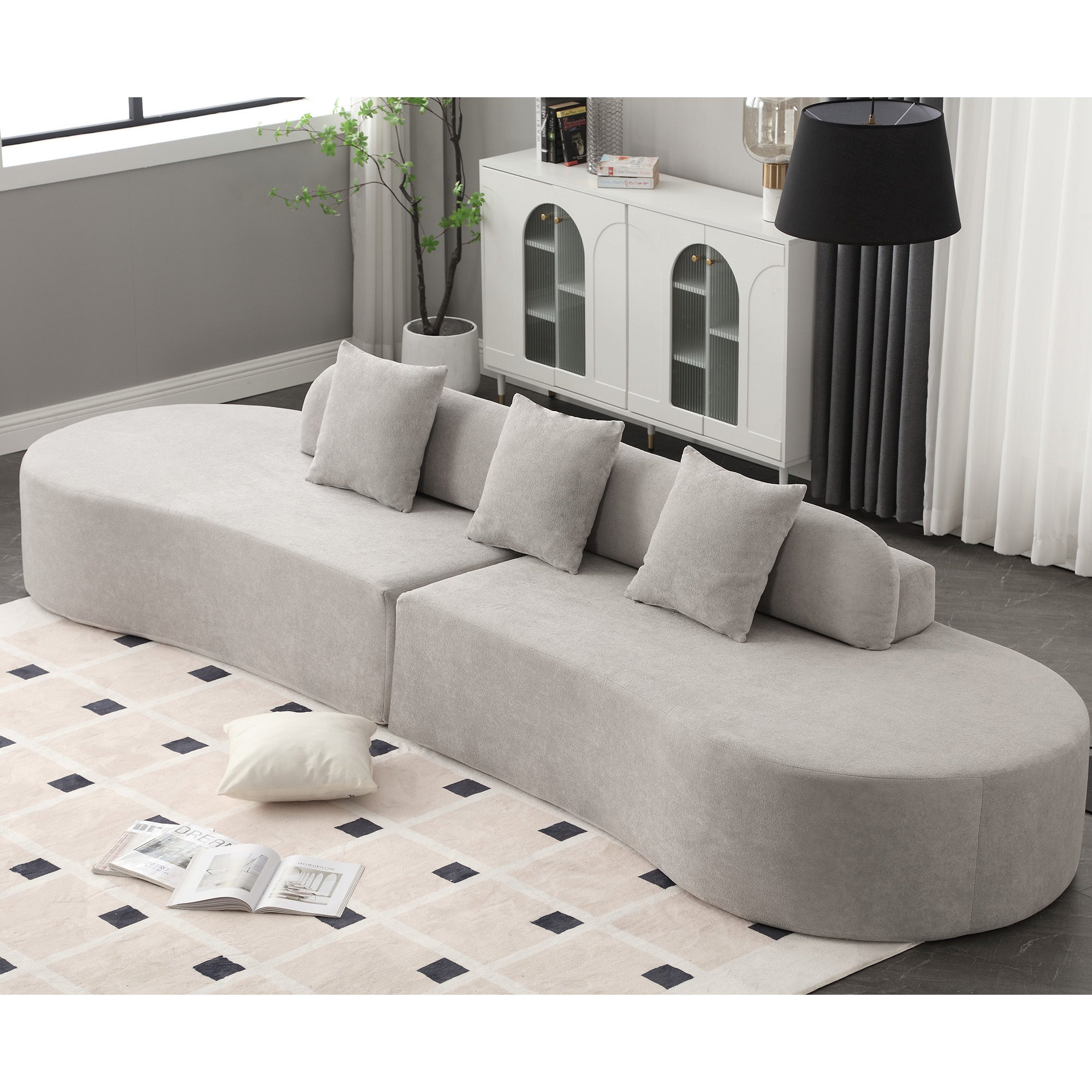 Modern curved combination sofa, terrycloth fabric sofa, minimalist sofa in living room, apartment, no assembly required, three  pillows,Gray
