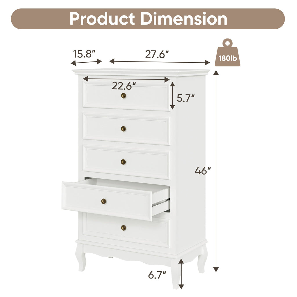 5 Drawer Dresser for Bedroom, Modern Storage Closet Cabinet Organizerwith Solid Wood Legs and Painted Finish-White