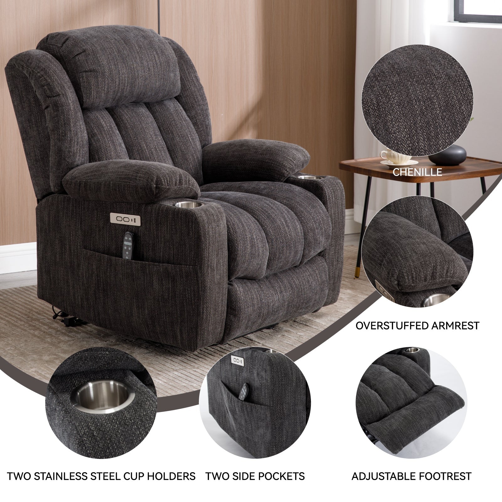 Up to 350 LBS Chenille Power Lift Recliner Chair, Heavy Duty Motion Mechanism with 8-Point Vibration Massage and Lumbar Heating, USB and Type-C Ports, Stainless Steel Cup Holders, Grey