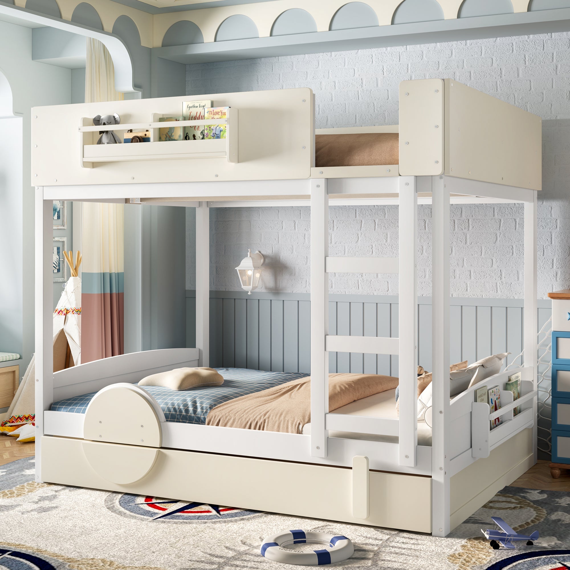 Full Bunk Bed with Trundle , Wood Bunk Bed Frame with Built-in Bookshelf and High-quality Safety Guardrail,Automobile Form Design for Kids ,White＆ Beige.