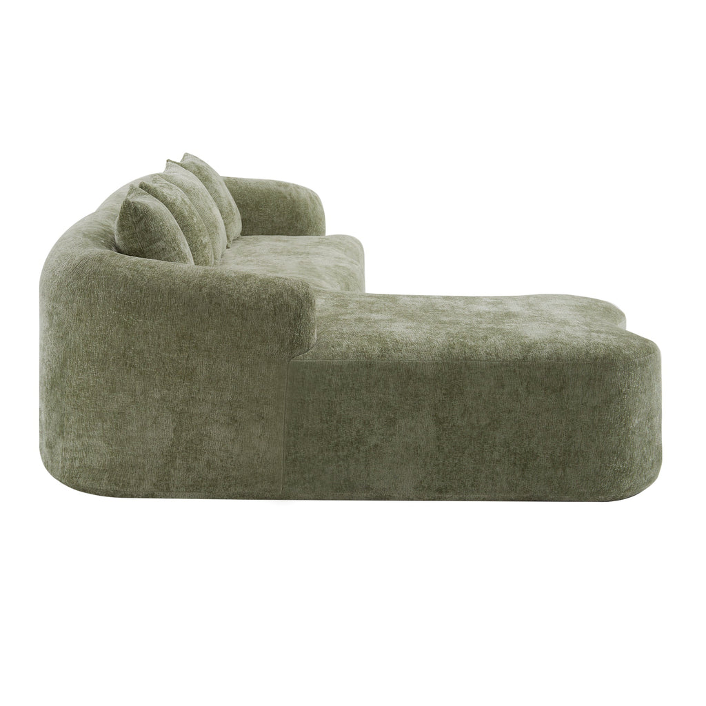 Full Compression L-Shape Sectional Sofa with Curved Chaise, Green Modular Chenille Couch, High-Density for Apartment Living Room