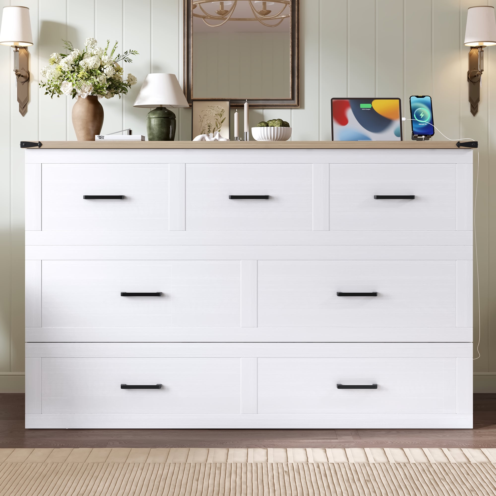 Murphy Bed Cabinet Queen Size with Charging Station, Multi-Functional Foldable Platform Bed with 1 Large Storage Drawer for Guest Room, Small Bedroom, White