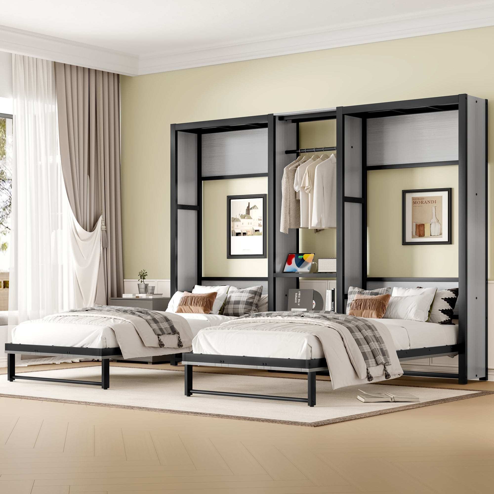 Twin and Twin Murphy Bed, Metal Foldable Murphy Bed with Wardrobe, Shelves and Power Outlets, 2 in 1 Design, Space-saving, Gray
