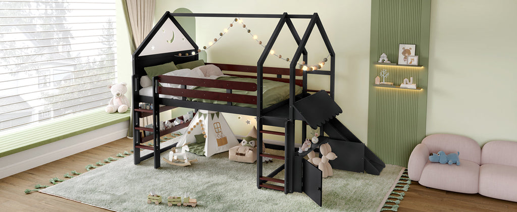 Full Size Loft Bed with Bookshelf Playful Design for Kids House-Shaped Structure with Slide High-Quality Safety Rails,Black.