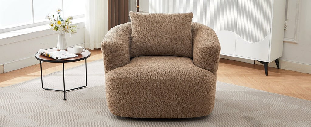 Chenille Upholstered 360° Swivel Chair with Throw Pillow, Dark Brown, 38.2' Accent Chair Sofa for Living Room and Office