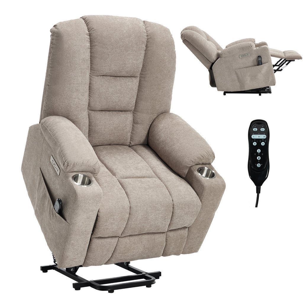 Power Lift Recliner Chair with Massage and Heat for Elderly, Overstuffed Wide Recliners, Heavy Duty Motion Mechanism with USB and Type C Ports, 2 Steel Cup Holders, Khaki