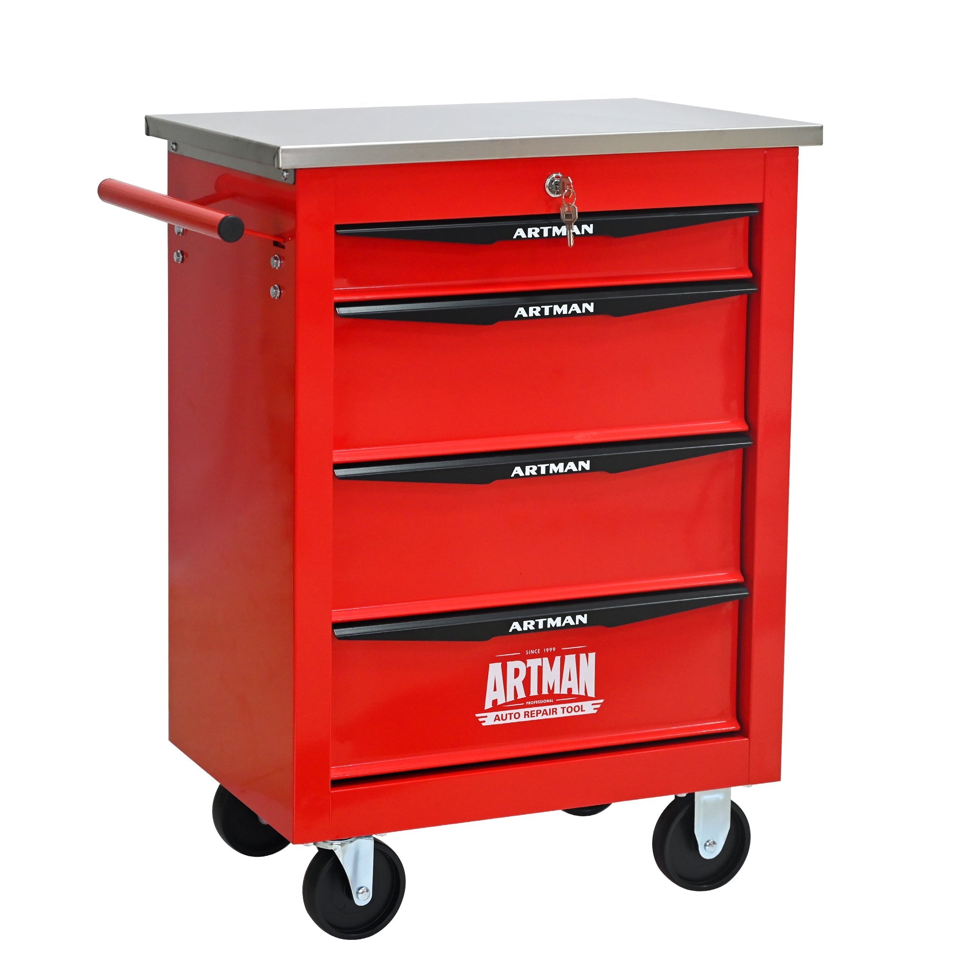 4 Drawers Multifunctional Tool Cart with Wheels,Metal Rolling Tool Cart Storage for Garage Workshop Warehouse Repair Shop--With  Stainless Steel Roof- Red&Black