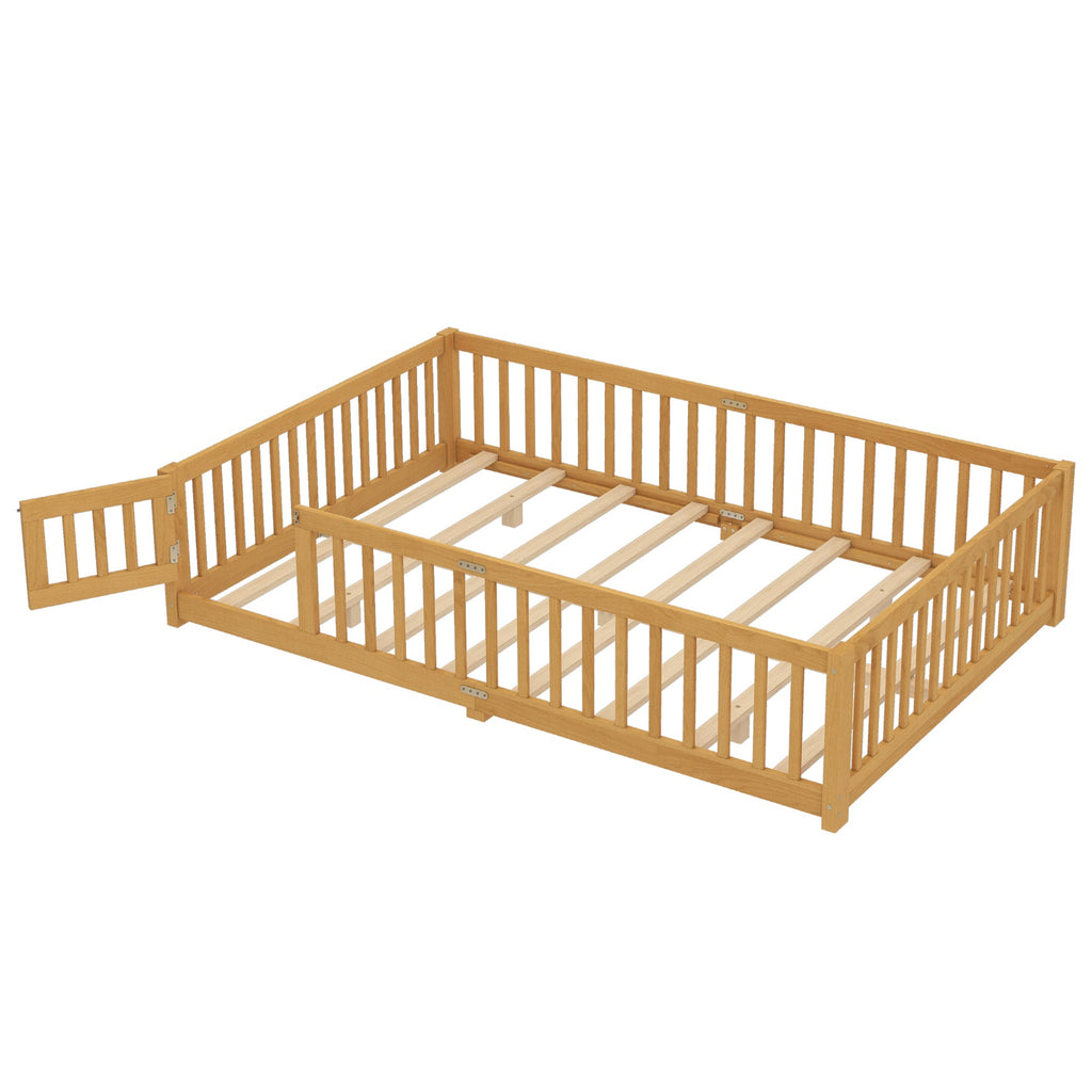 Queen Size Bed Floor Bed with Safety Guardrails and Door for Kids, Natural( Old SKU:W1580P154630)