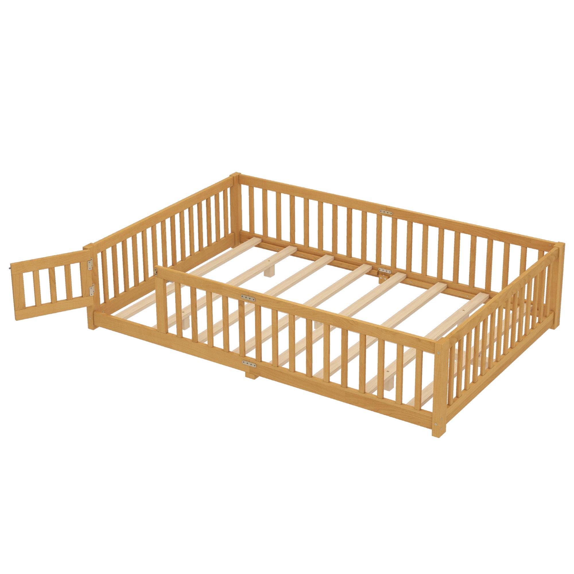 Queen Size Bed Floor Bed with Safety Guardrails and Door for Kids, Natural( Old SKU:W1580P154630)