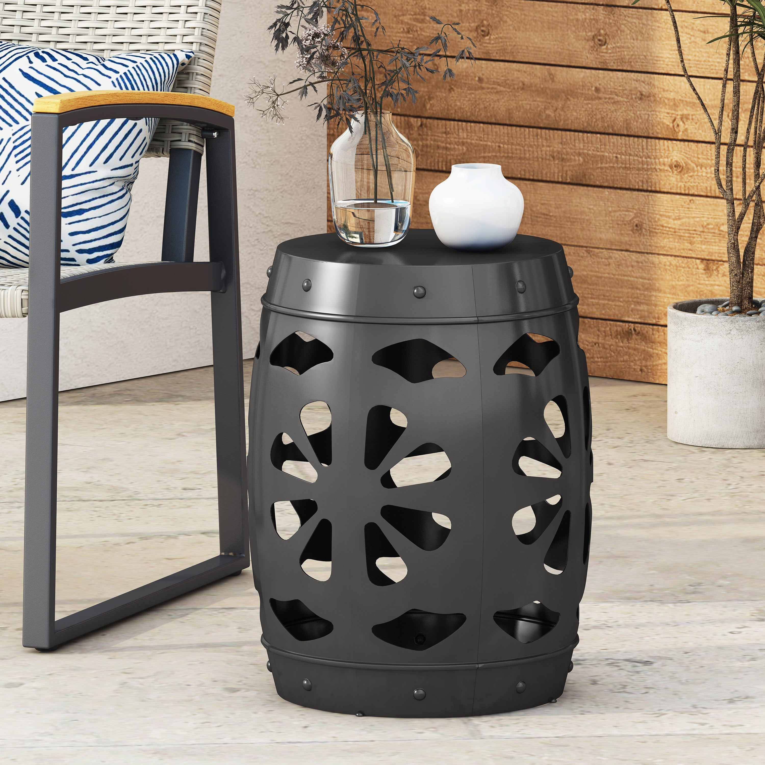 Modern Black Iron End Table with Floral Iron Cut Design, 16.54 x 16.54 x 20.47 Inches