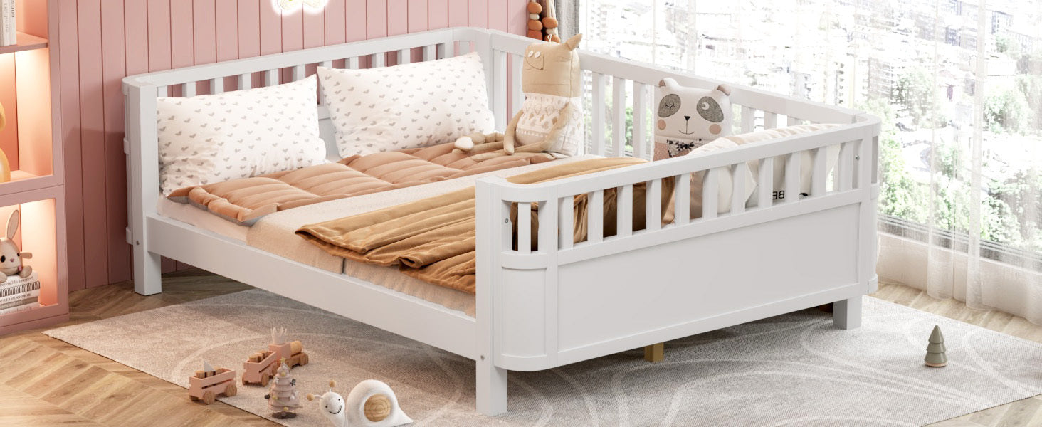 Full Size Wood Platform Bed for Kids, Wood Low Profile Full Bed with Rails for Girls and Boys, White (Patented Design, Old SKU W2593P233767)