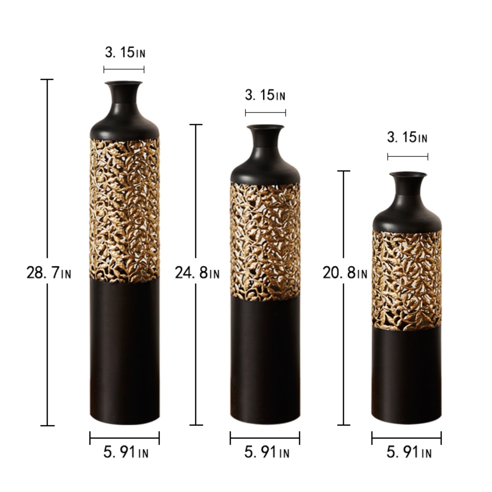 Floor Metal Vases Decorated White Metal Vases Set of 3 Gorgeous Home Decoration Large Glazed Metal Vases 20.8in/24.8in/28.7in Height