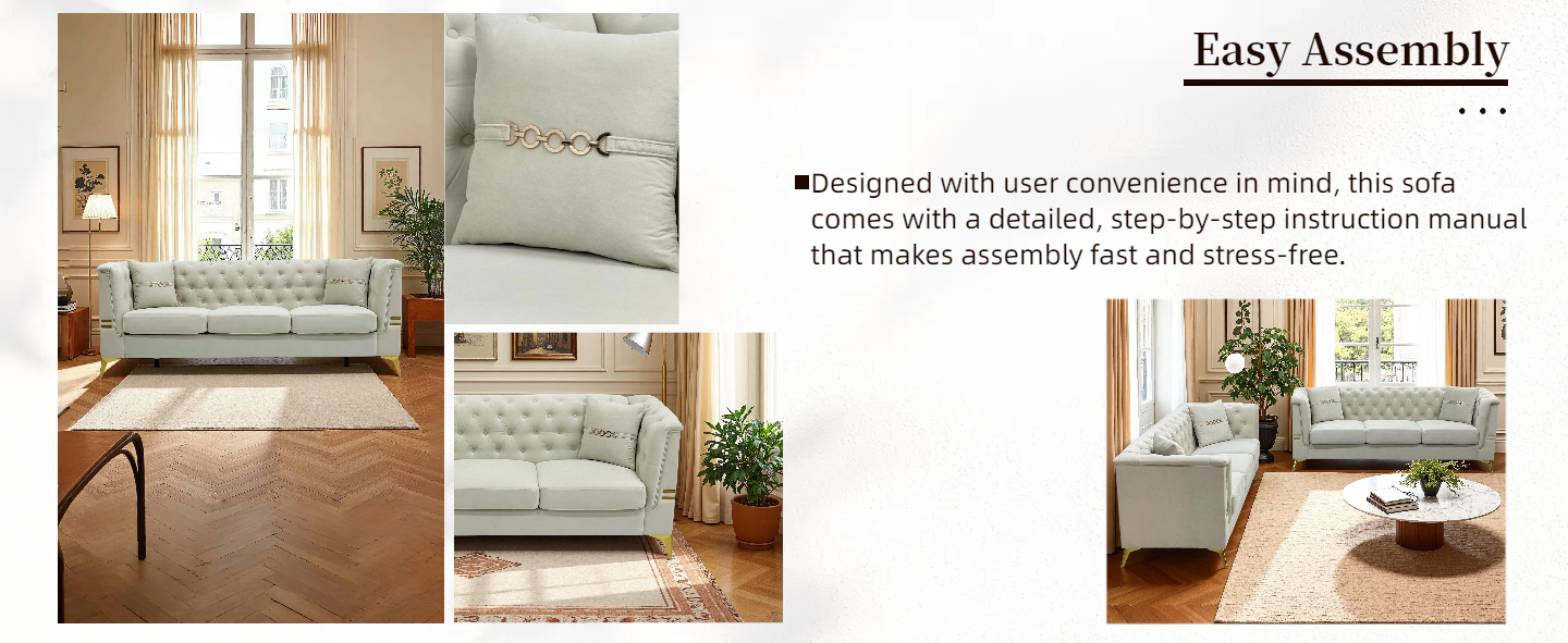 FX-P83-2PC SOFA -CW4  Modern Velvet Upholstered Sofa Set of 2, Cream White 3-Seater Sofas with Gold Metal Legs Contemporary Living Room Furniture for Family Homes, Apartments, and Lounge Spaces