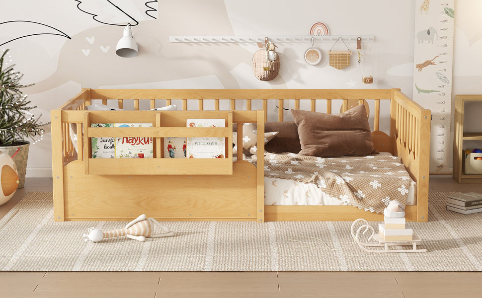 Twin Floor bed with Heightened Fence and bookshelf ,Wood Floor Bed for Kids, Natural.