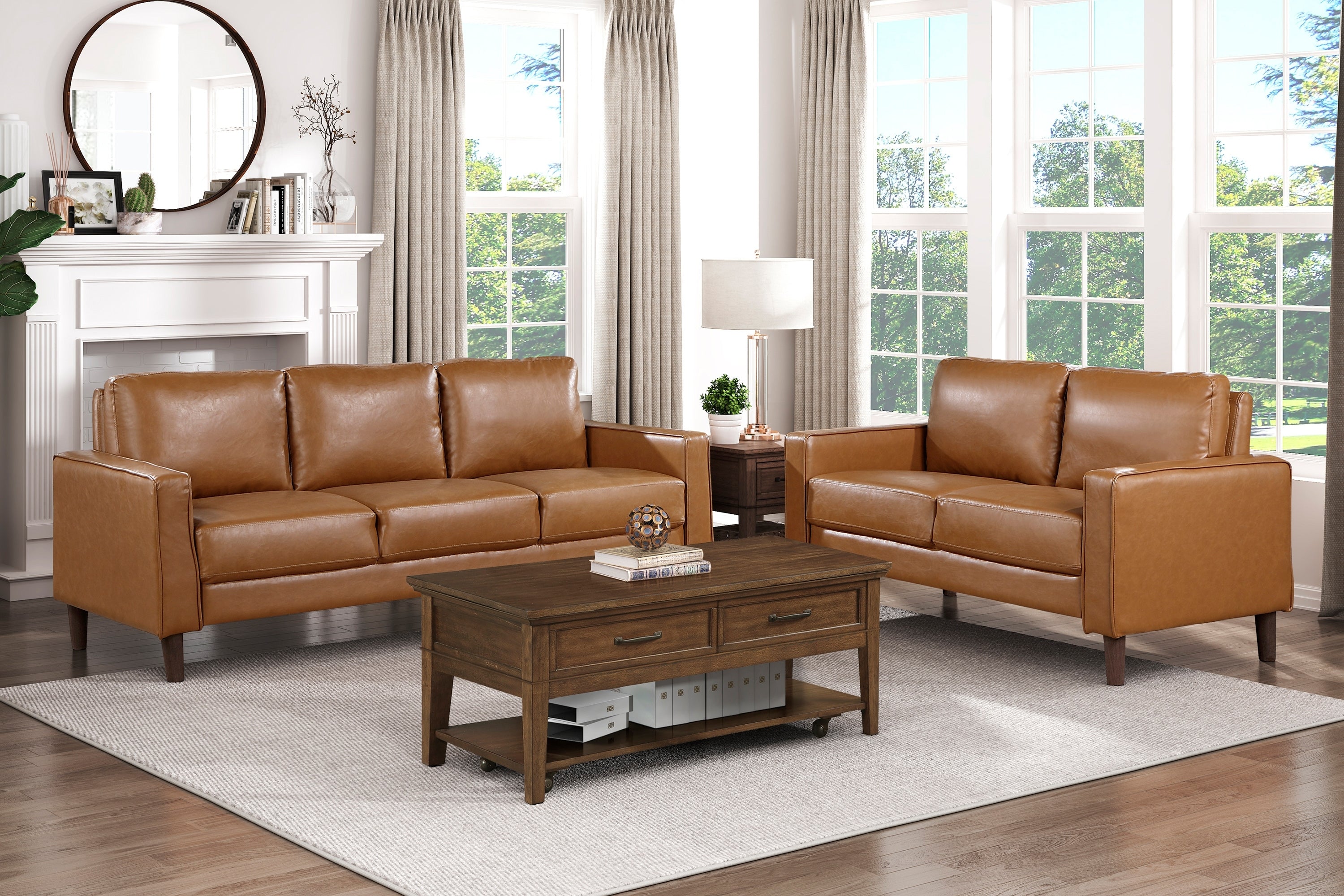 Modern Style Brown Faux Leather Upholstered 3-Seater Sofa Couch Comfortable Cushion Back Seat Solid Wood Living Room Furniture 1pc
