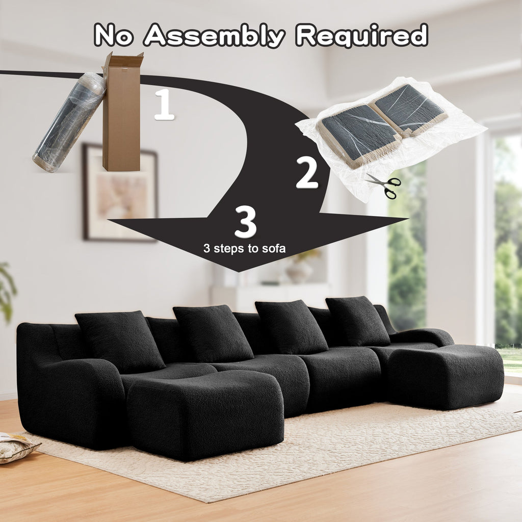 U-Shaped Boneless Sofa,Teddy Fabric No assembly required Curved armrest,Anti-slip Design,Streamlined Design 32D High Density Sponge,Full Compression Vacuum Packag,For Studies living Rooms,Black