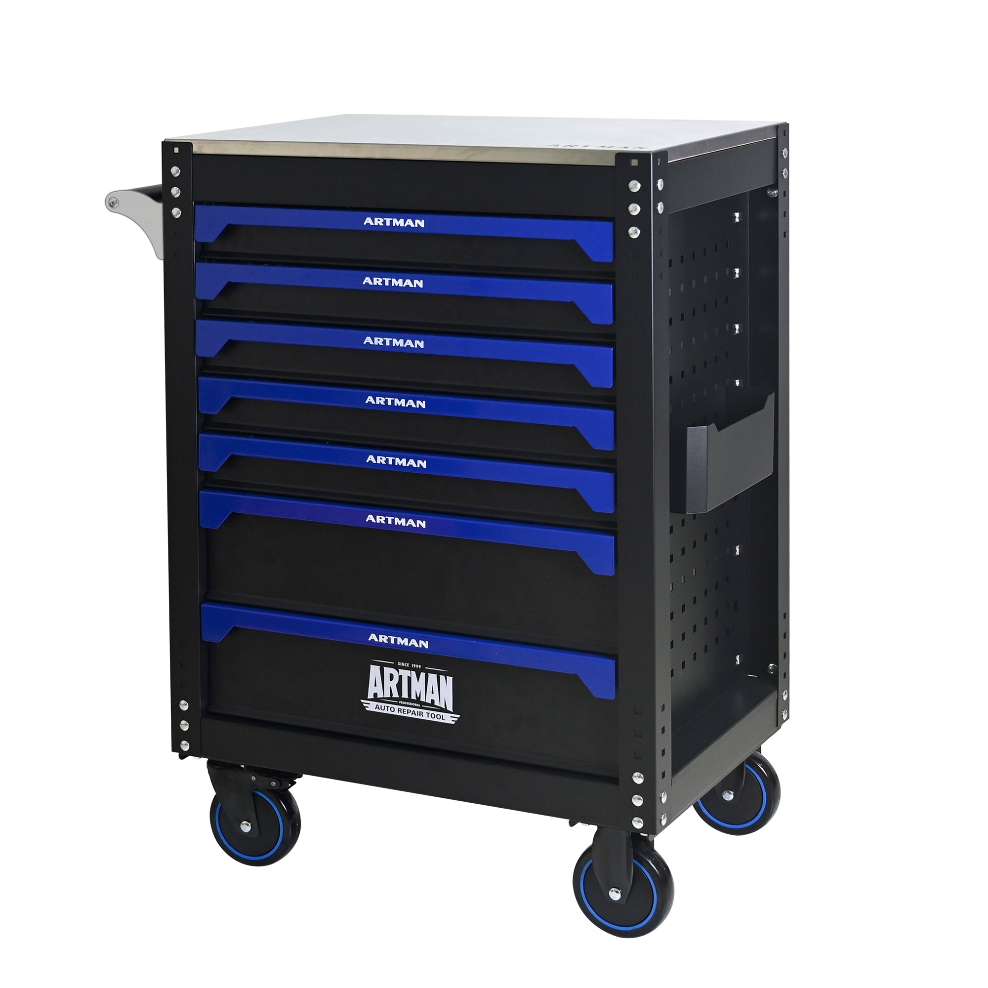 30-inch 7-drawer Iron-top Practical Rolling Steel Tool Cart, With Handle and Wheels, Storage Cabinet for Garages, Warehouses, Repair Shops, Requires Assembly of the the Tool Cart - Black & Blue