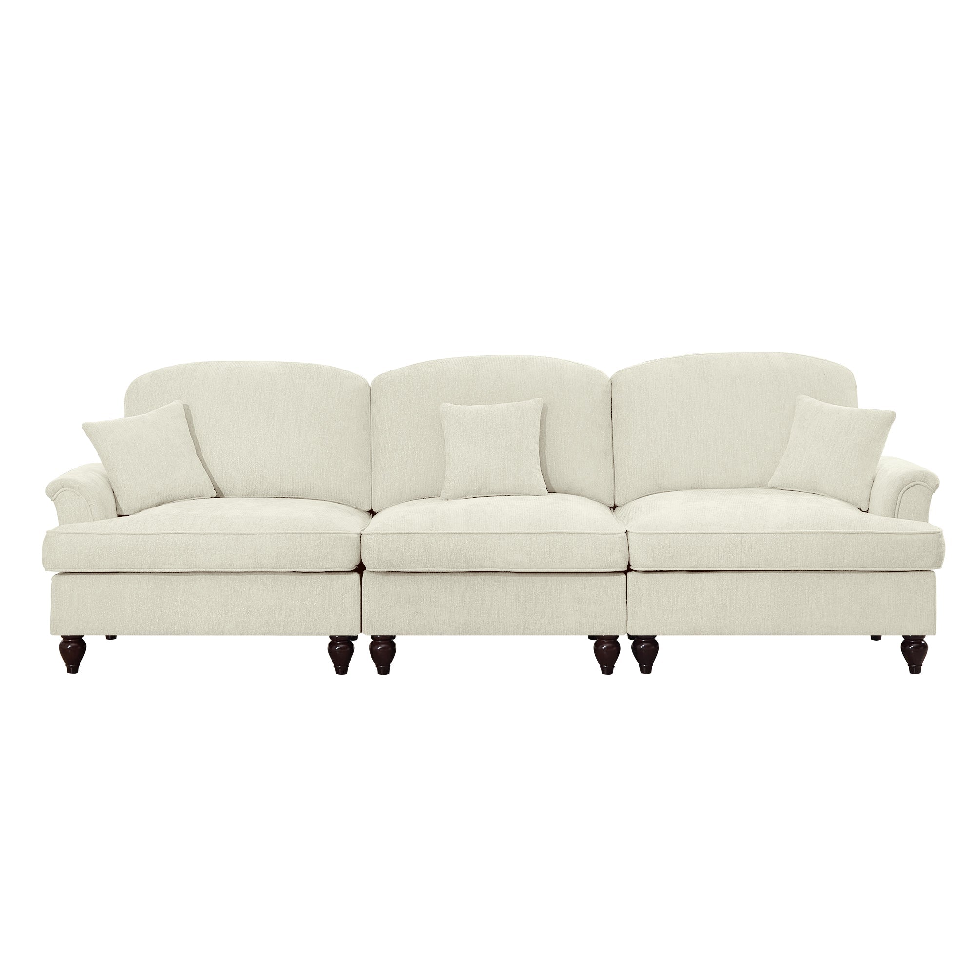 Elegant Mid Century Large 3 Seater Sofa Couch with Flared Arms and Removable Ruffles Pleats Skirts and Spindle Legs, Comfy Chenille Three-Seat Sofa for Living Room, Beige White