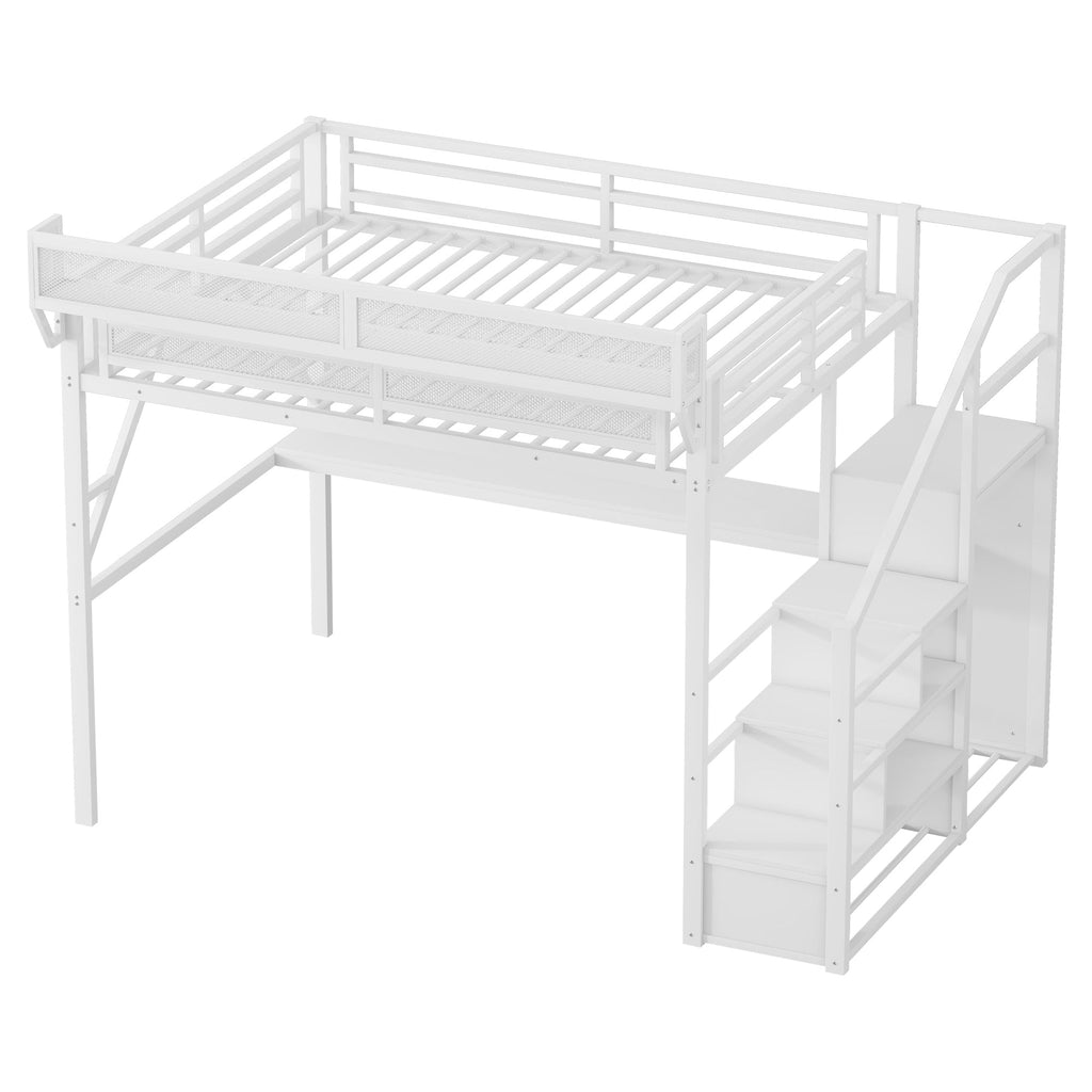 Queen Loft Bed with Desk and Charging Station, Queen Size Metal Loft Bed with Stairs and Light for Kids Teens,White(Old SKU W2580S00033)