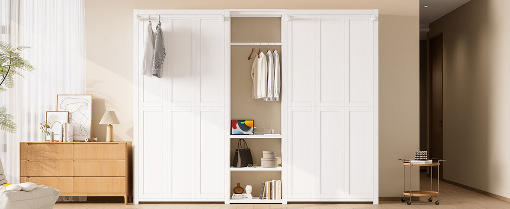 Twin and Twin Murphy Bed, Metal Foldable Murphy Bed with Wardrobe, Shelves and Power Outlets, 2 in 1 Design, Space-saving, White