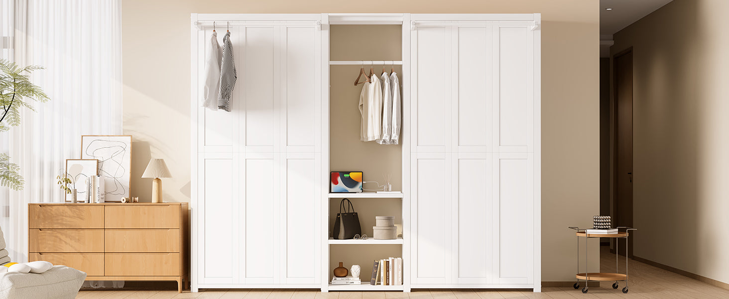 Twin and Twin Murphy Bed, Metal Foldable Murphy Bed with Wardrobe, Shelves and Power Outlets, 2 in 1 Design, Space-saving, White