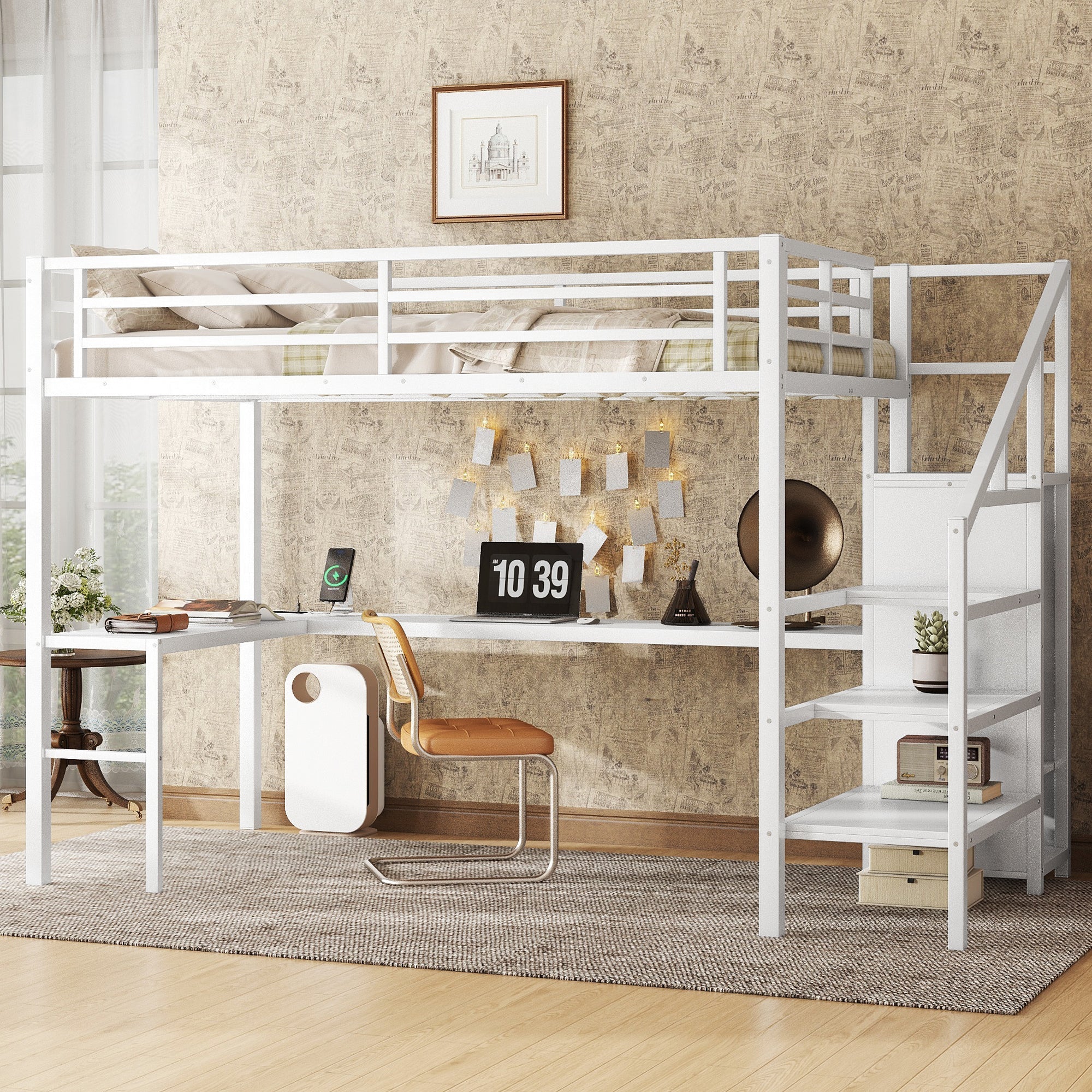 Full Size Loft Bed with L-shaped Desk and USB, Metal Loft Bed with Wardrobe and Adjustable Shelf, High Loft Bed with LED for Kids Teens Adults, White