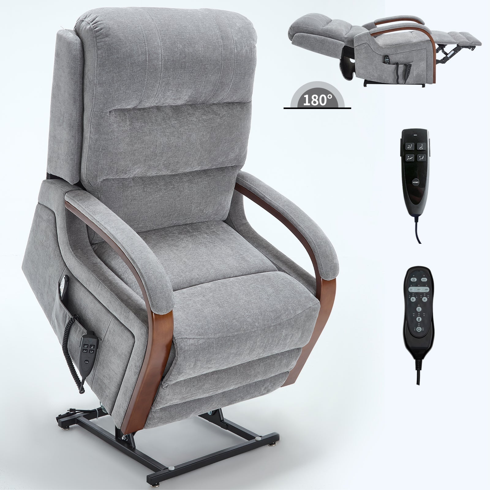 Power Grey Chenille Lift Recliner Chair Dual Motor Infinite Position Up to 350 LBS with Solid Wood Armrests, Heat Massage and Heavy Duty Motion Mechanism