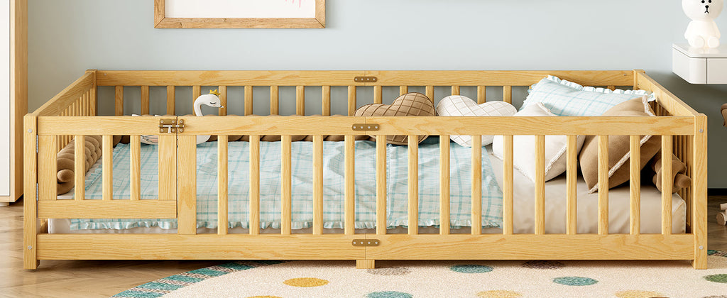 Queen Size Bed Floor Bed with Safety Guardrails and Door for Kids, Natural( Old SKU:W1580P154630)