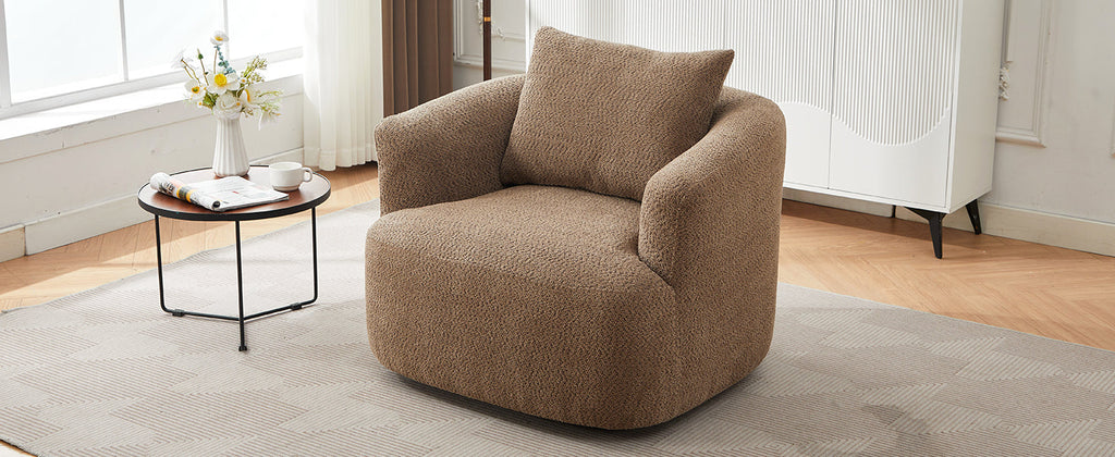 Chenille Upholstered 360° Swivel Chair with Throw Pillow, Dark Brown, 38.2' Accent Chair Sofa for Living Room and Office