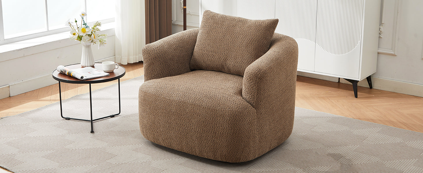 Chenille Upholstered 360° Swivel Chair with Throw Pillow, Dark Brown, 38.2' Accent Chair Sofa for Living Room and Office