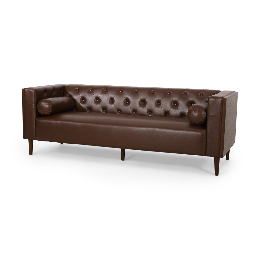 Contemporary 3-Seater Sofa with Tufted Diamond Stitch and Rolled Accent Pillows in Dark Brown PU