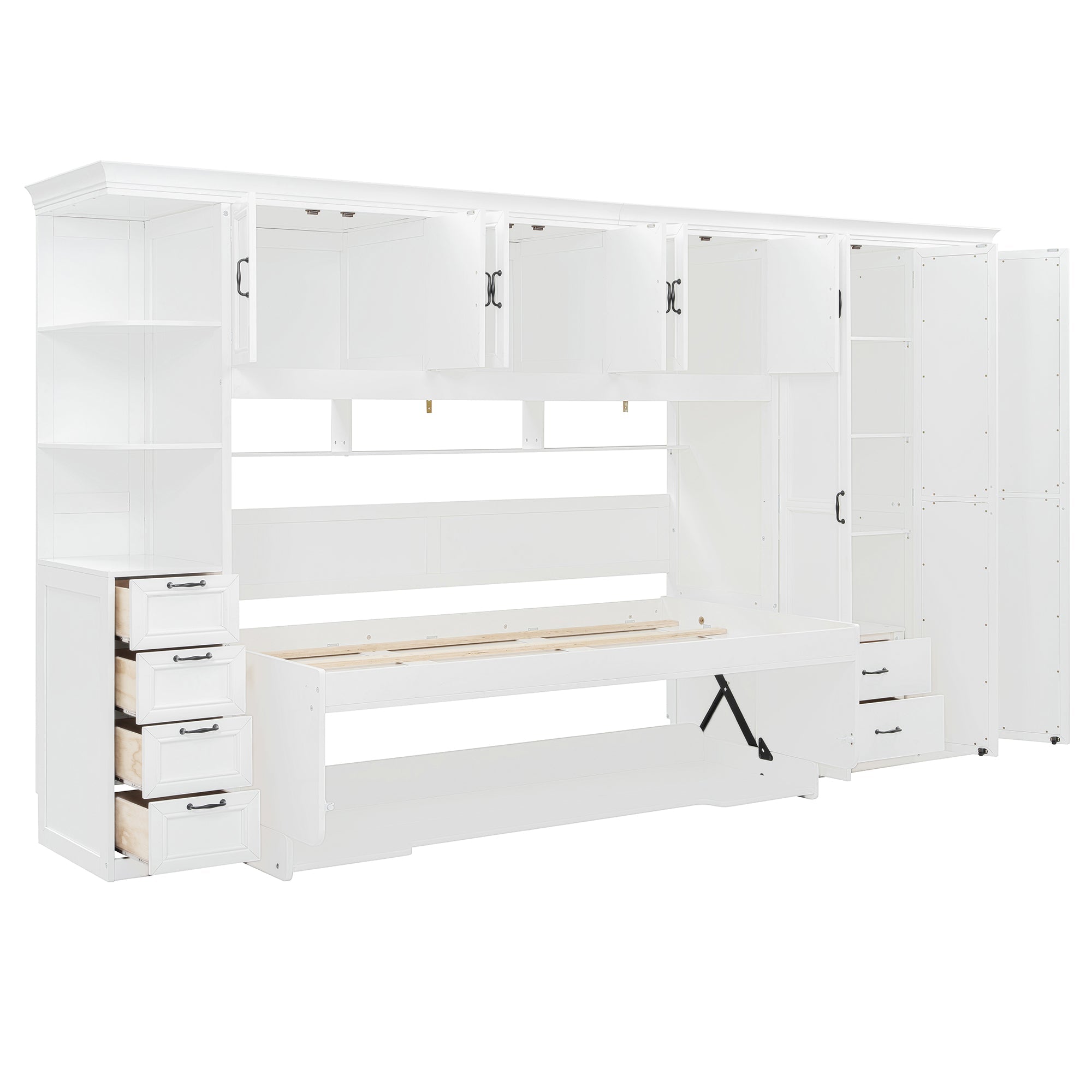 Twin Size Murphy Bed Wall Bed with Wardrobe, Cabinet and Desk, White