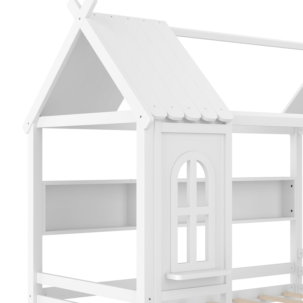 Twin house Beds with Storage Drawers and Window, Solid Wood House Platform Bed Frame with shelves, for Kids, Girls, Boys, No Spring Box Needed and Childlike Design, White