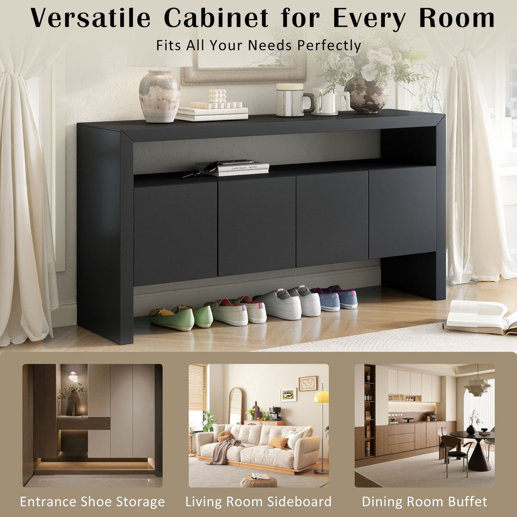 U_Style 60' 4-Door Sideboard, Modern Minimalist Solid Wood Veneer Sideboard with Open Shelf, Natural Wood Grain, Large Capacity Storage Console for Living Room, Hallway, Dining (Black/Natural)