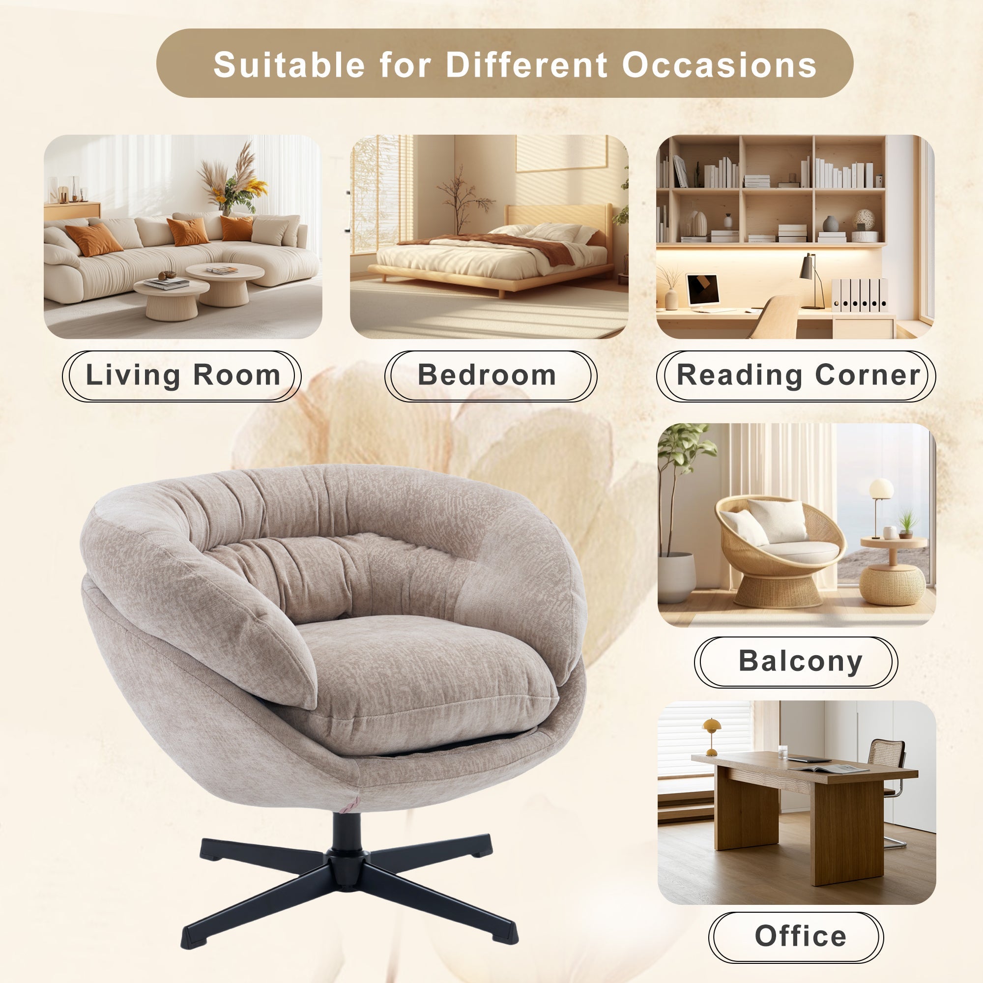 Modern Chenille Office Chair, 360° Swivel Club Chair/Accent Chair with Removable Cushion, Round Office Chair, Black Metal Base, Cotton Material, Living Room, Bedroom, Reading Corner, Office (Brown)