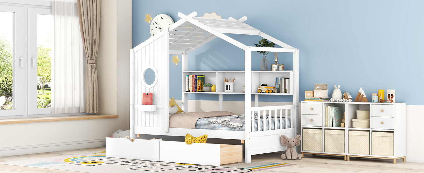 Wooden Twin Size House Bed with 2 Drawers,Kids Bed with Storage Shelf, White(Old SKU: HL000051AAK)