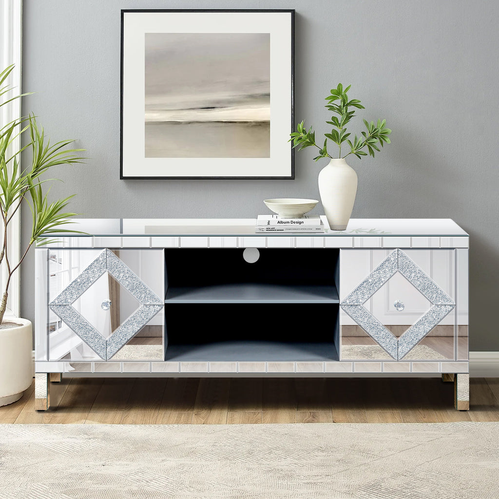Mirrored TV Stand for 65+ inch TV,Sliver TV Console Table with Open Storage & 2 Storage Cabinets ,Diamond Shape Sparkling Mirror Doors for Living Room(59''W x 25.2''H x 15.7D)