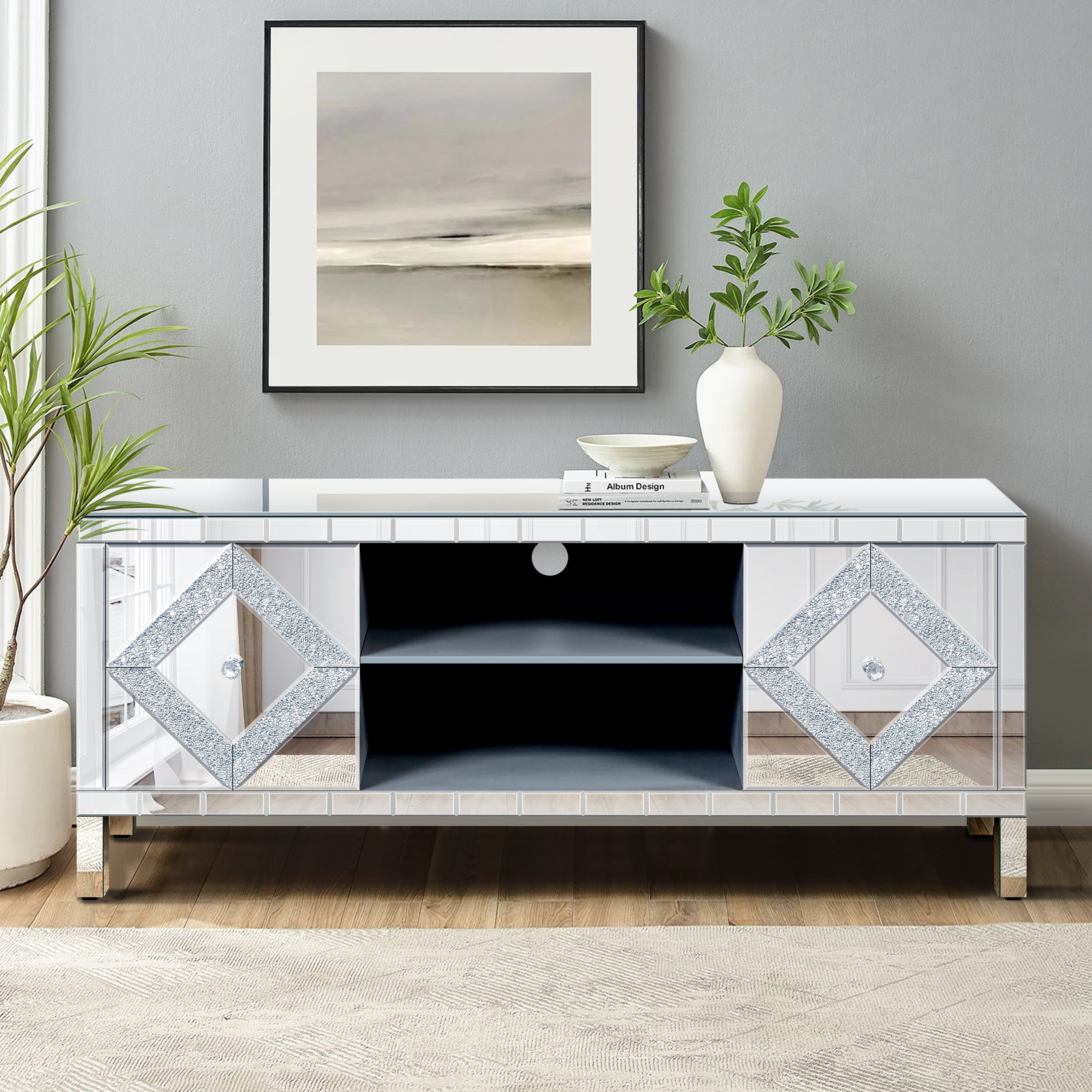 Mirrored TV Stand for 65+ inch TV,Sliver TV Console Table with Open Storage & 2 Storage Cabinets ,Diamond Shape Sparkling Mirror Doors for Living Room(59''W x 25.2''H x 15.7D)