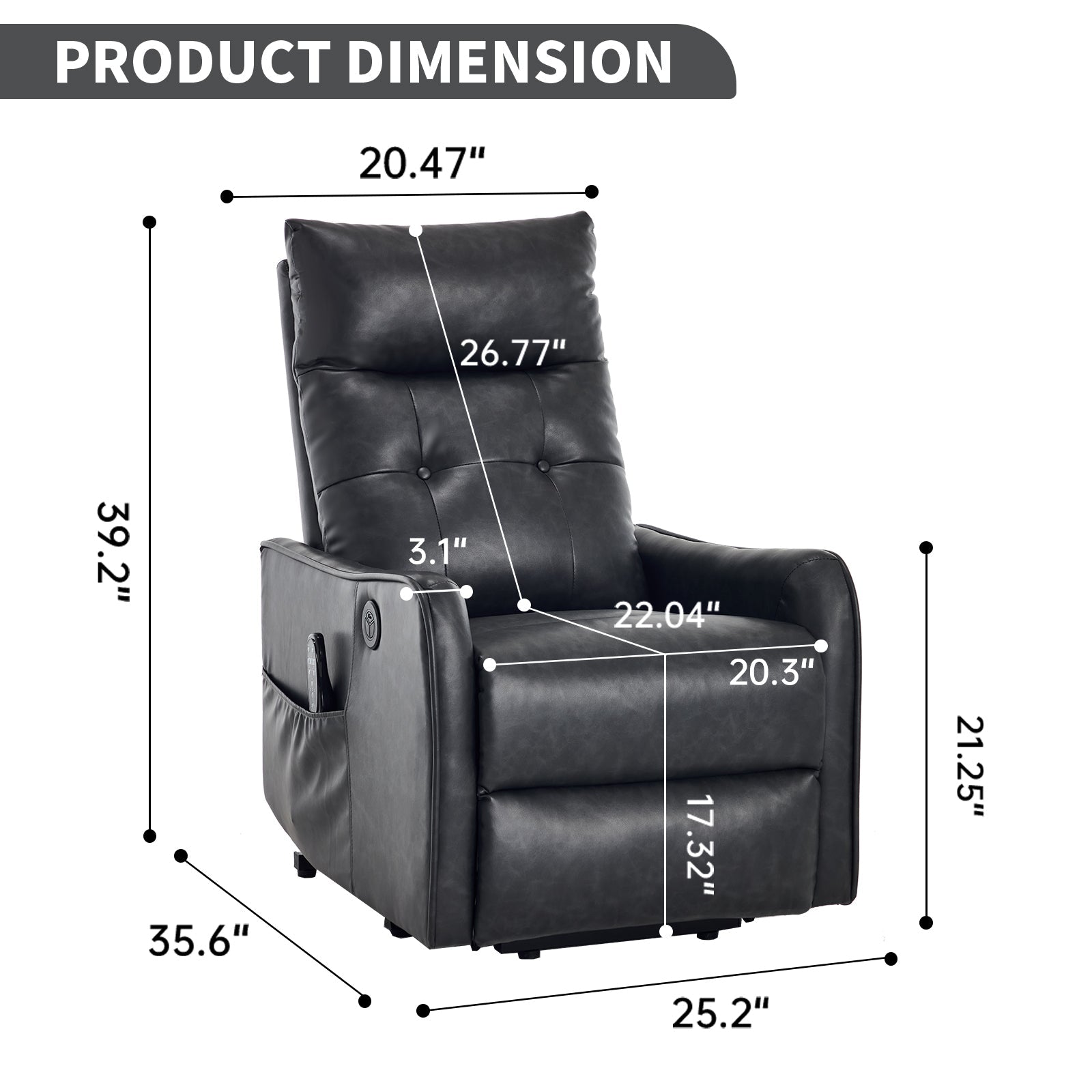 Deep Grey PU Single Motor Power Lift Recliner Chair with Massage and Heat for Elderly, Heavy Duty Motion Mechanism and One USB for Charging, Max Reclining Angle 155°