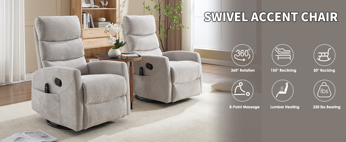 Heat Massage Manual Recliner Chair with Rocker and Swivel in Fabric for Living Room,Grey
