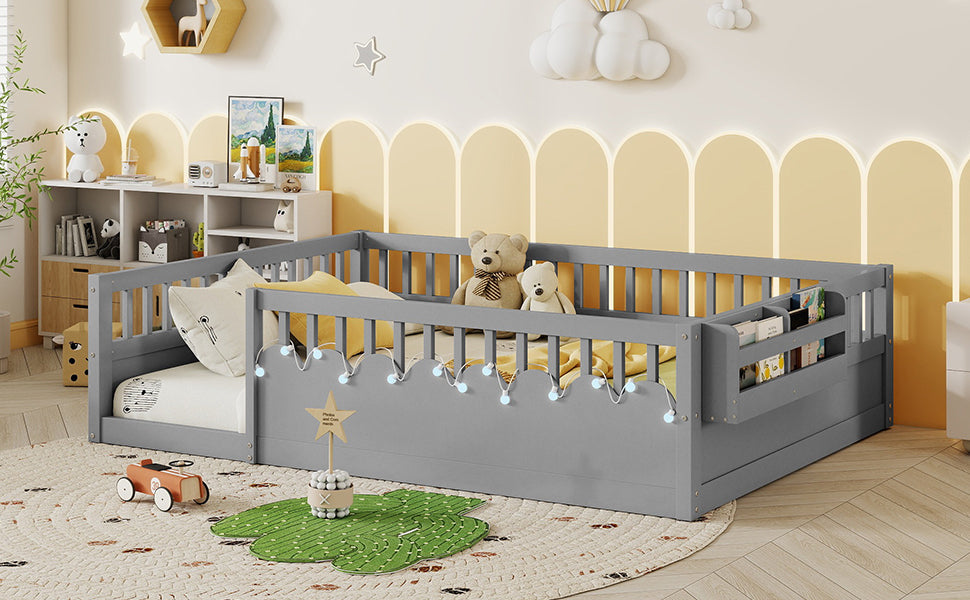 Full Montessori Floor Bed Frame with High Rails, Wood Kids Floor Beds with Light and Storage Shelf, Gray(Expect Arrival Date 2025/8/15)