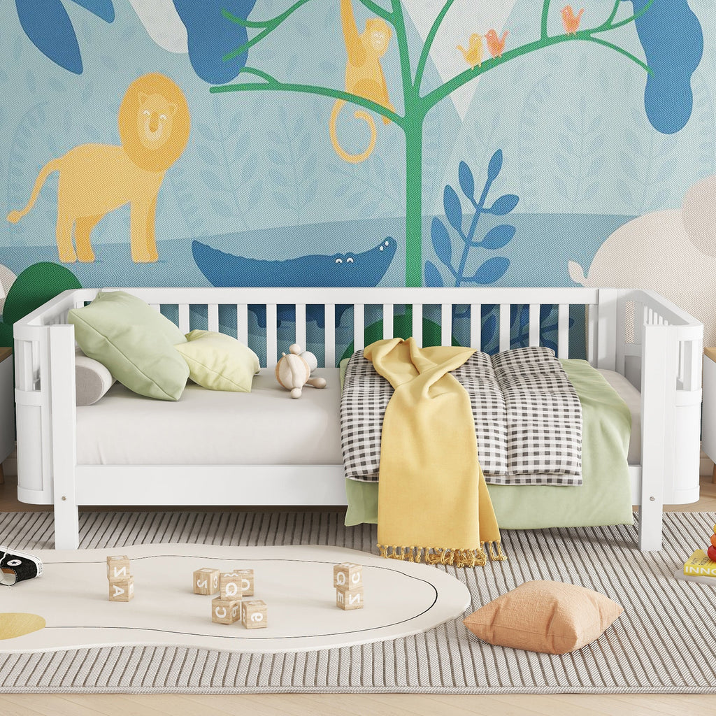 Twin Size Wood Platform Bed for Kids, Wood Low Profile Twin Bed with Rails for Girls and Boys, White (Patented Design)