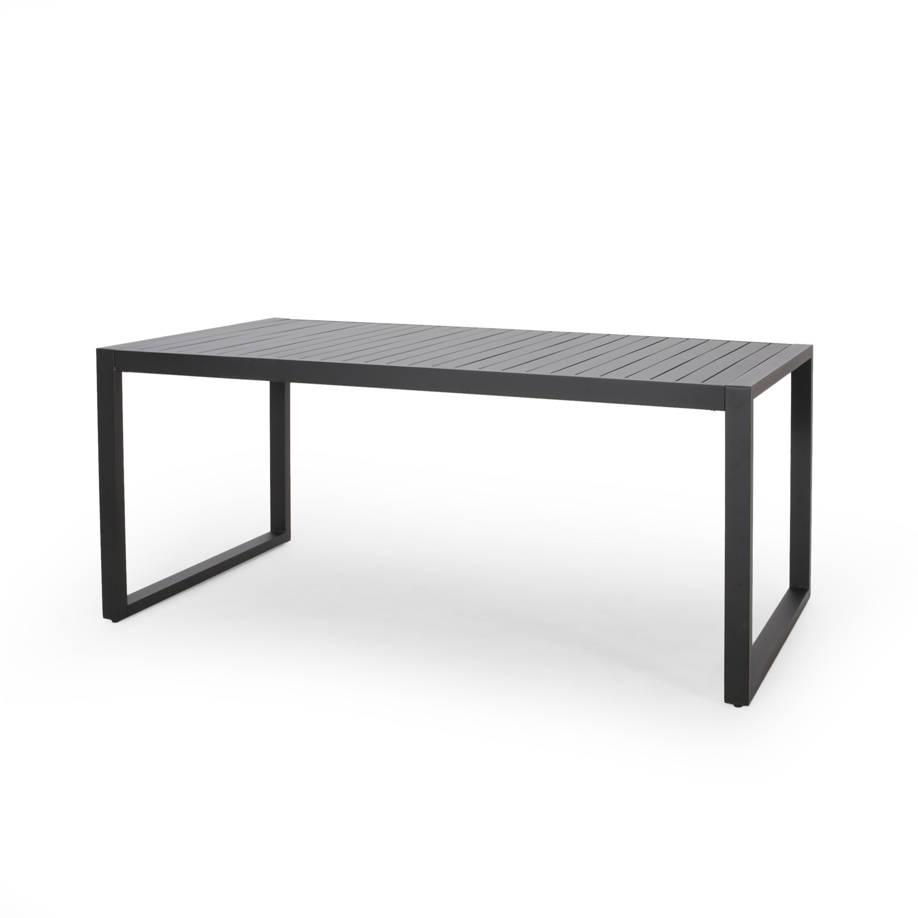Modern Outdoor Dining Table with Black Aluminum Frame, Slatted Top, and U-Shaped Legs – 70' x 35'