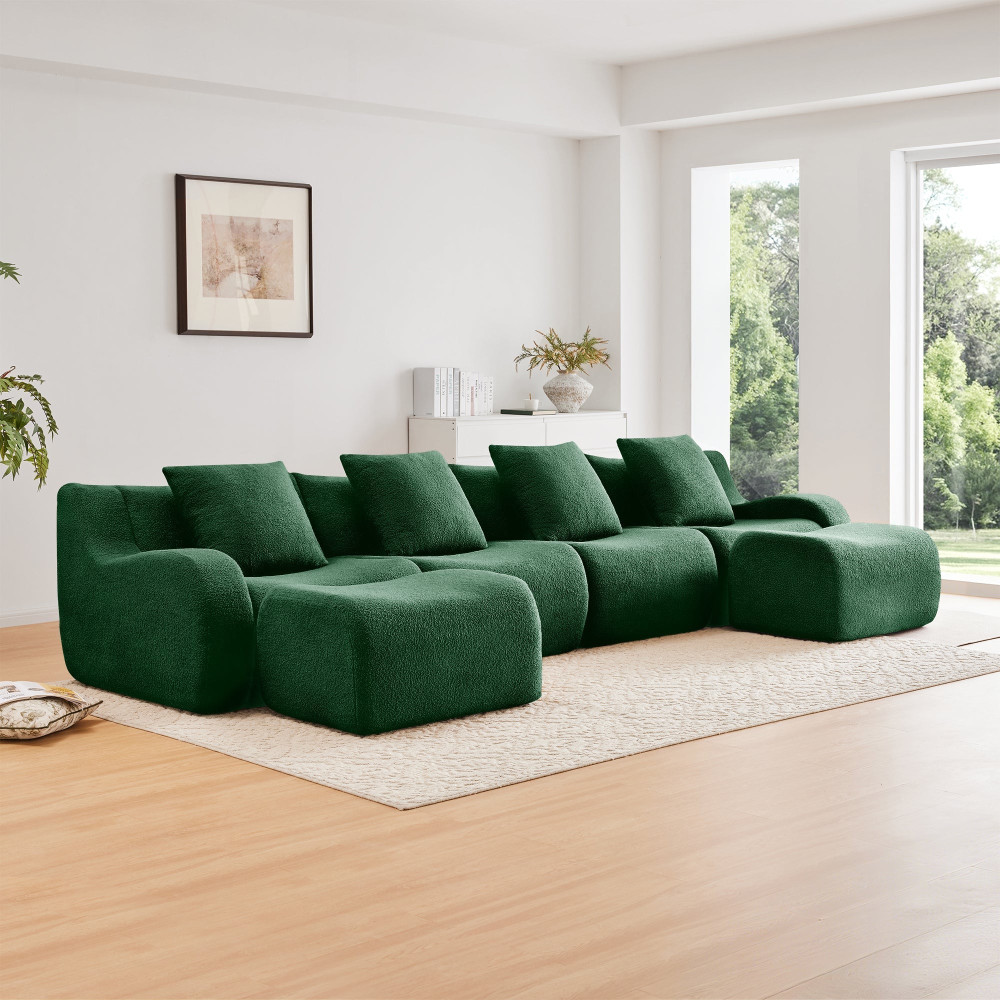U-Shaped Boneless Sofa,Teddy Fabric No assembly required   Curved armrest,Anti-slip Design,Streamlined Design 32D High Density Sponge,Full Compression Vacuum Packag,For Studies living Rooms,Green