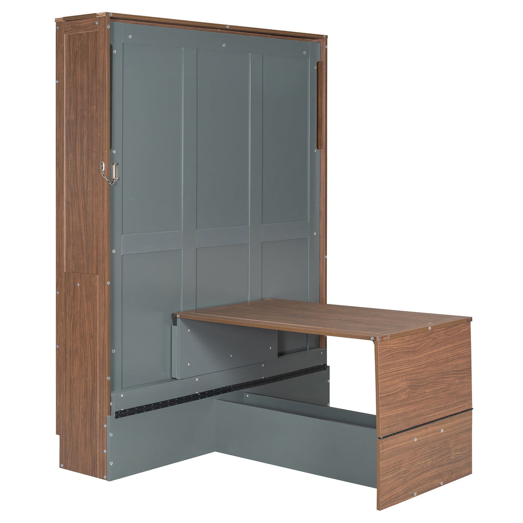 Full Size Murphy Bed with Foldable Desk – Space Saving Wall Bed - Walnut & Gray