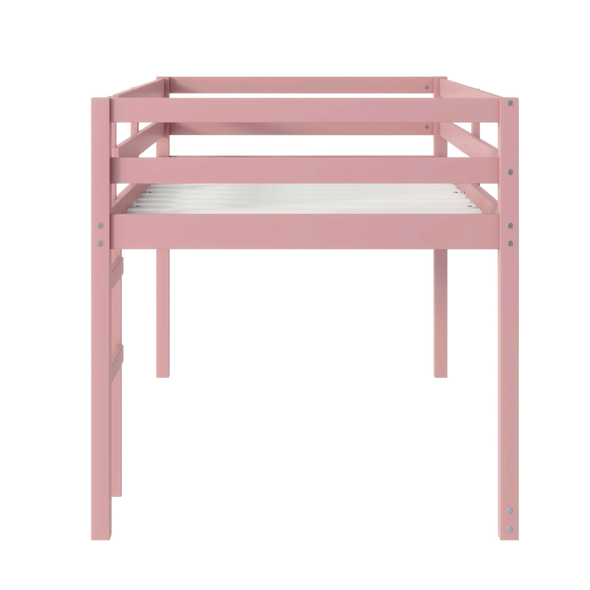 Solid Wooden, Rubber Wooden Twin Loft Bed with Ladder, Bed Platform of Strengthened Slats, Pink